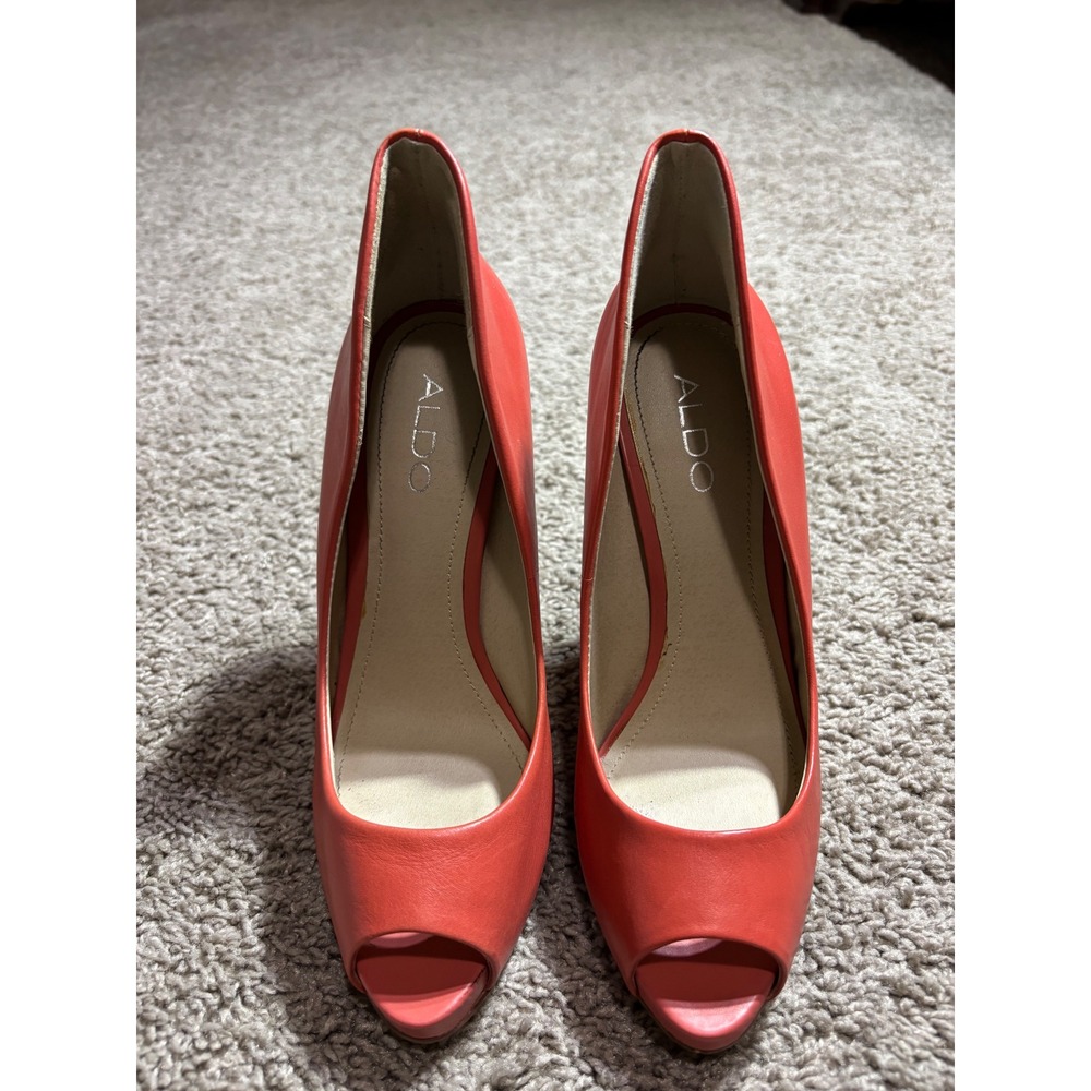 Aldo Eggenberg Coral Orange Leather Peep Toe Platform Pumps Heels‎ Size 37